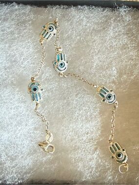 Sterling Hamsa Hand Bracelet with Turquoise Accents - Protective Charm Chain